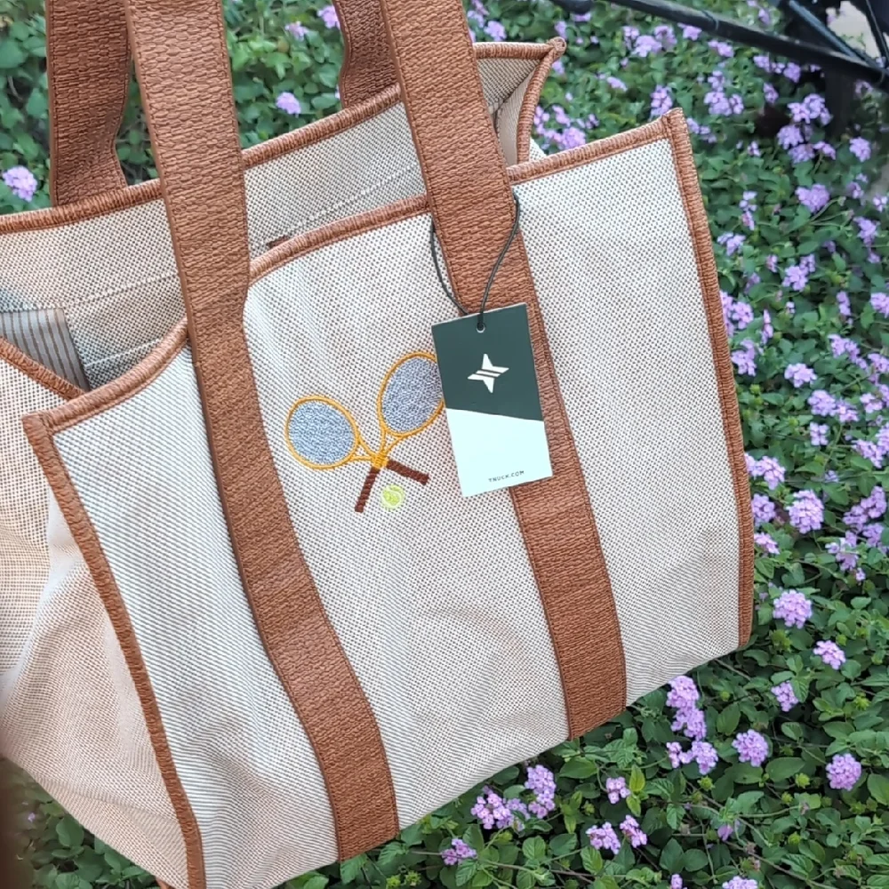 Brown and Cream Tote Bag with Tennis Racket Design